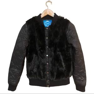 Nanette Lepore Juniors Faux Fur Quilted Varsity Snap Front Jacket Black Medium